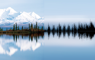 On the right is a waveform in black on a blue background, and on the left shows trees reflecting on a still lake with snowy mountains in the background. On the right is a waveform in black on a blue background, and on the left shows trees reflecting on a still lake with snowy mountains in the background.