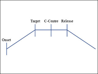 Top of trapezoid, divided into onset, target, center, release. Top of trapezoid, divided into onset, target, center, release.