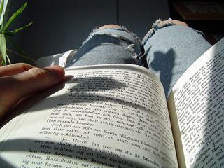 Open book on the lap of a person wearing ripped jeans. Sunlight streaks across pages of the book. Open book on the lap of a person wearing ripped jeans. Sunlight streaks across pages of the book.