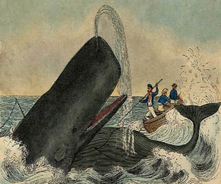 A drawing of men in a small boat trying to harpoon a giant whale. A drawing of men in a small boat trying to harpoon a giant whale.