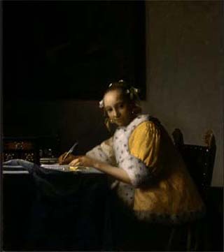 Painting of a woman wearing an ermine-trimmed robe, writing at a desk. Painting of a woman wearing an ermine-trimmed robe, writing at a desk.