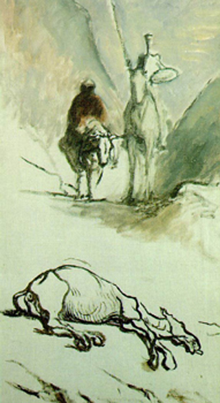 A muted painting of two riders who come across a dead mule. A muted painting of two riders who come across a dead mule.
