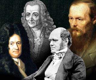 Images of Leibniz, Voltaire, Darwin and Dostoevsky. Images of Leibniz, Voltaire, Darwin and Dostoevsky.