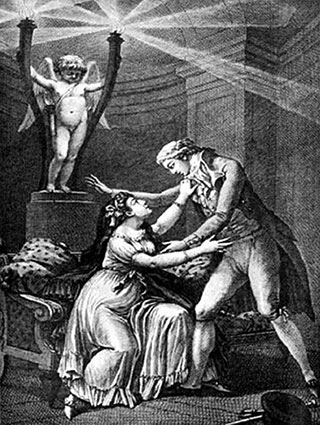 A black and white illustration of a woman sitting on a bench, reaching towards a man standing in front of her. In the background is a statue of a cherub. A black and white illustration of a woman sitting on a bench, reaching towards a man standing in front of her. In the background is a statue of a cherub.
