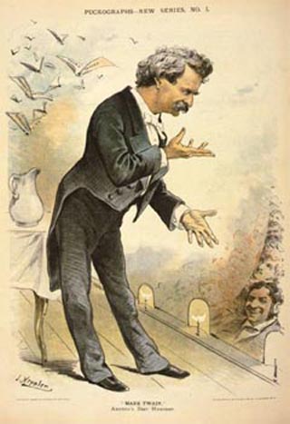 A drawing of Mark Twain on stage. A drawing of Mark Twain on stage.
