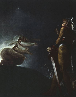 Macbeth confronting the Witches in a painting by Henry Fuseli. Macbeth confronting the Witches in a painting by Henry Fuseli.