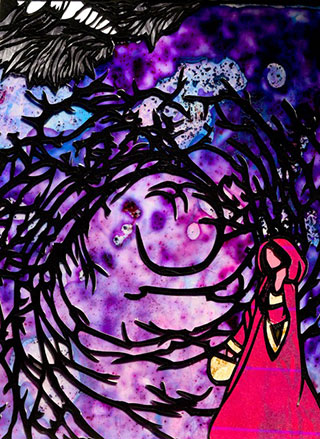 Stained glass artwork of Little Red Riding Hood carrying a basket with tree branches forming a circular pattern against a purple background. Stained glass artwork of Little Red Riding Hood carrying a basket with tree branches forming a circular pattern against a purple background.