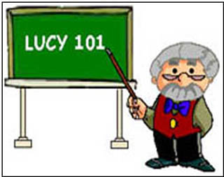 Cartoon image of professor at blackboard: 'Lucy 101.' Cartoon image of professor at blackboard: 'Lucy 101.'
