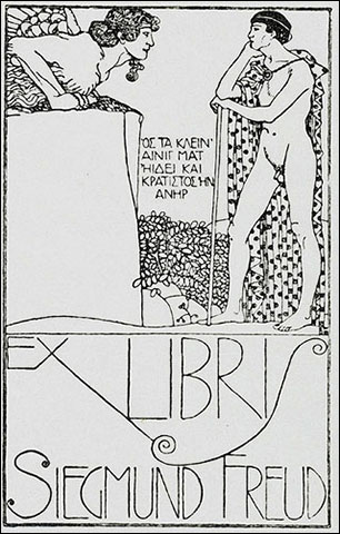 A bookplate with a black and white illustration of Oedipus staring at a statue of a sphinx. A bookplate with a black and white illustration of Oedipus staring at a statue of a sphinx.
