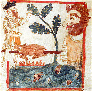 Color illustration of King Arthur finding a giant roasting a pig that was drawn in the margins of the text, Roman de Brut, by Wace. Color illustration of King Arthur finding a giant roasting a pig that was drawn in the margins of the text, Roman de Brut, by Wace.