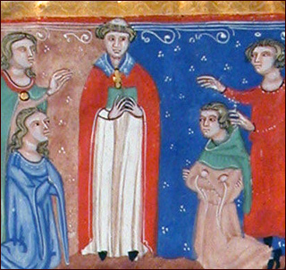 The painting is from a manuscript from the Decretals of Gregory IX (ca. 1300), and shows a priest performing a marriage ceremony with the bride and groom kneeling to his right and left, respectively, and with witnesses standing behind each. The painting is from a manuscript from the Decretals of Gregory IX (ca. 1300), and shows a priest performing a marriage ceremony with the bride and groom kneeling to his right and left, respectively, and with witnesses standing behind each.