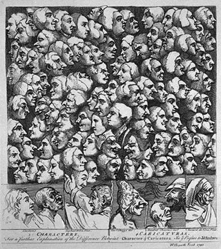 William Hogarth's 1743 etching Characters Caricaturas depicting many faces. William Hogarth's 1743 etching Characters Caricaturas depicting many faces.