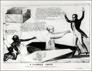 1836 political cartoon of a galvanized corpse. 1836 political cartoon of a galvanized corpse.