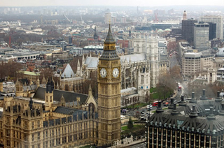 Aerial view, with Big Ben's tower in the center. Aerial view, with Big Ben's tower in the center.