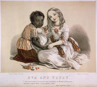 A colored lithograph of a black girl and white girl, sitting affectionately with one another. A colored lithograph of a black girl and white girl, sitting affectionately with one another.