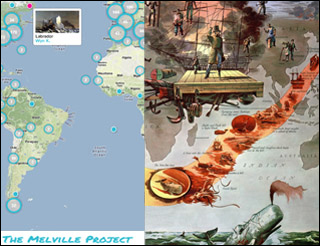 A map of the world with the left half showing a modern digital map of the Americas with points plotted by students and the right side showing an old literary map of the voyage of the Pequod. A map of the world with the left half showing a modern digital map of the Americas with points plotted by students and the right side showing an old literary map of the voyage of the Pequod.