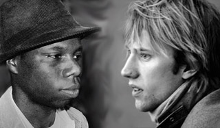 On the left: A black man with a hat, facing right. On the right: A white man with long hair, facing left. On the left: A black man with a hat, facing right. On the right: A white man with long hair, facing left.
