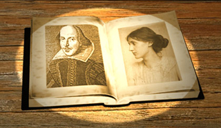 An illustration of a book in a spotlight, with portraits of William Shakespeare and Virginia Woolf on facing pages. An illustration of a book in a spotlight, with portraits of William Shakespeare and Virginia Woolf on facing pages.