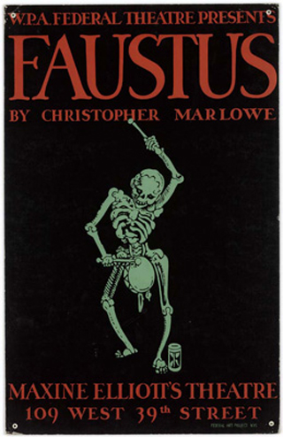 A black poster with red text and a green skeleton marching with a drum. A black poster with red text and a green skeleton marching with a drum.