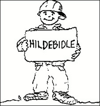 Cartoon drawing of man holding a sign that reads Hildebidle, which is the professor's last name. Cartoon drawing of man holding a sign that reads Hildebidle, which is the professor's last name.
