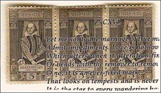 Image of Shakespeare postage stamps with sonnet text overlaid. Image of Shakespeare postage stamps with sonnet text overlaid.