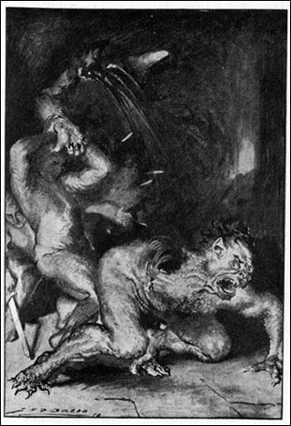 Black and white illustration of a man, Beowulf, tearing the arm and shoulder off a monster, Grendel. Black and white illustration of a man, Beowulf, tearing the arm and shoulder off a monster, Grendel.