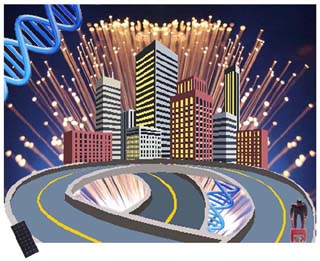 A paved road loops in front of a city skyline, with DNA strands and glowing optical fibers in the background. A paved road loops in front of a city skyline, with DNA strands and glowing optical fibers in the background.