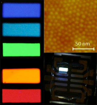 Three images, left side photo of quantum dot color blocks of violet, blue, green, orange, and red; upper right is a single layer of quantum dots orange-yellow in color, and the bottom photo captures the white light flash emitted from quantum dots. Three images, left side photo of quantum dot color blocks of violet, blue, green, orange, and red; upper right is a single layer of quantum dots orange-yellow in color, and the bottom photo captures the white light flash emitted from quantum dots.