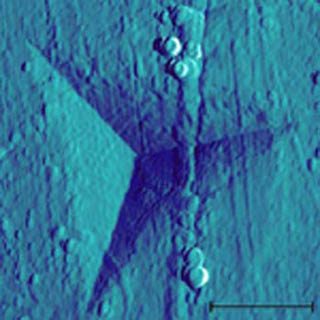 A sharp probe has left a triangular indentation in a surface, shown using scanning electron microscopy. A sharp probe has left a triangular indentation in a surface, shown using scanning electron microscopy.