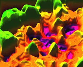 Graphic showing wide variation in modulus on a nanostructure level. Graphic showing wide variation in modulus on a nanostructure level.