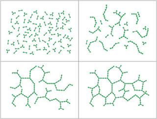 Four figures showing molecular bonds forming as epoxy cures. Four figures showing molecular bonds forming as epoxy cures.