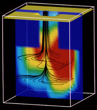A 3-D simulation of current flow in a bipolar transistor. A 3-D simulation of current flow in a bipolar transistor.