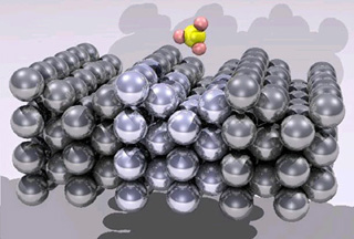 Matrix of atoms with an approaching methane molecule. Matrix of atoms with an approaching methane molecule.