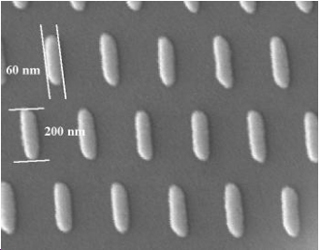 Photo of magnetic nanodots, 60 x 200 nm in a regular array. Photo of magnetic nanodots, 60 x 200 nm in a regular array.