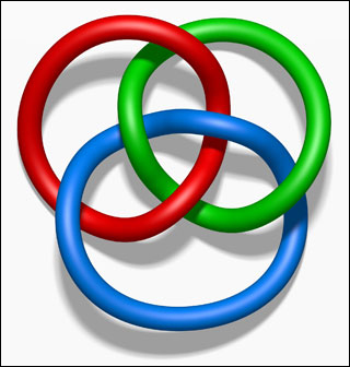 Three rings linked together in the colors red, green, and blue. Three rings linked together in the colors red, green, and blue.