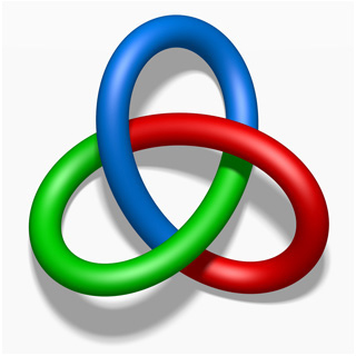 A knotted loop with the three colors red, green, and blue. A knotted loop with the three colors red, green, and blue.