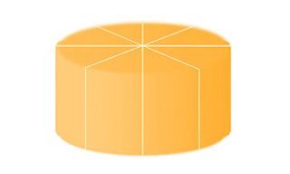 A cylinder of cheese cut into eight identical pieces. A cylinder of cheese cut into eight identical pieces.