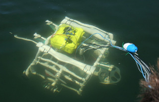 Photo of student's submersible vehicle just beneath water's surface. Photo of student's submersible vehicle just beneath water's surface.