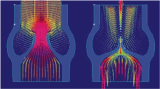 Colored model of fluid flow through the aortic valve. Colored model of fluid flow through the aortic valve.
