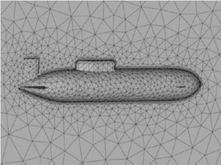A grey-scale FEA model of a submarine. A grey-scale FEA model of a submarine.
