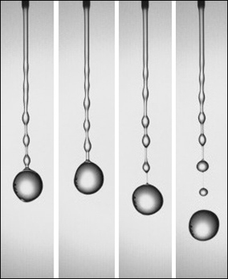 Photo series showing large drop formed from thin liquid stream. Photo series showing large drop formed from thin liquid stream.