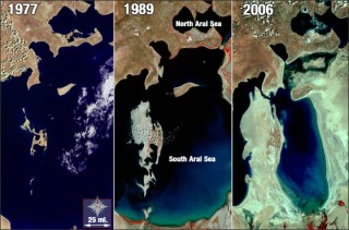 Satellite photos of the Aral Sea in 1977, 1989, and 2006. Satellite photos of the Aral Sea in 1977, 1989, and 2006.