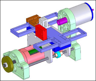 A CAD model of the lathe with major sections colored for clarity. A CAD model of the lathe with major sections colored for clarity.