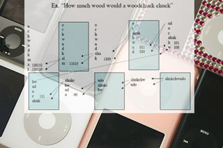 Diagram of Huffman Coding for phrase 'How much wood can a woodchuck chuck?' overlaid on photo of various iPods. Diagram of Huffman Coding for phrase 'How much wood can a woodchuck chuck?' overlaid on photo of various iPods.
