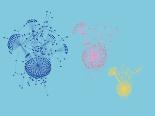 A blue, a pink, and a yellow collection of dots that are connected to one another, within their colors, by lines. A blue, a pink, and a yellow collection of dots that are connected to one another, within their colors, by lines.
