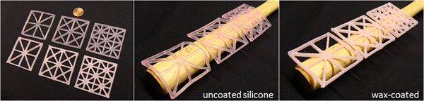 Three photos of silicone grids: set of six patterns; three uncoated silicone grids curled around a wooden dowel; and three wax-coated grids showing their stiffness.