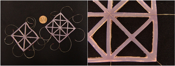 Two photos of the silicone grid with several thin wires coming out of the edges.