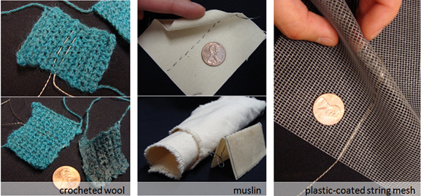 Photos of steel yarn in crocheted wool, muslin, and plastic coated string mesh.