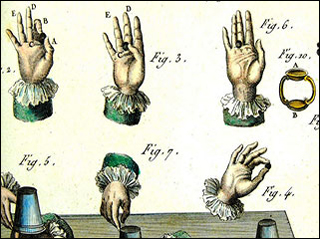 Illustration of a sleight of hand trick in magic. Illustration of a sleight of hand trick in magic.