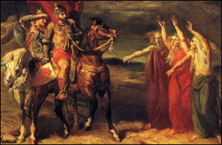 A painting of two men on horseback encountering three elderly women with their arms raised. A painting of two men on horseback encountering three elderly women with their arms raised.